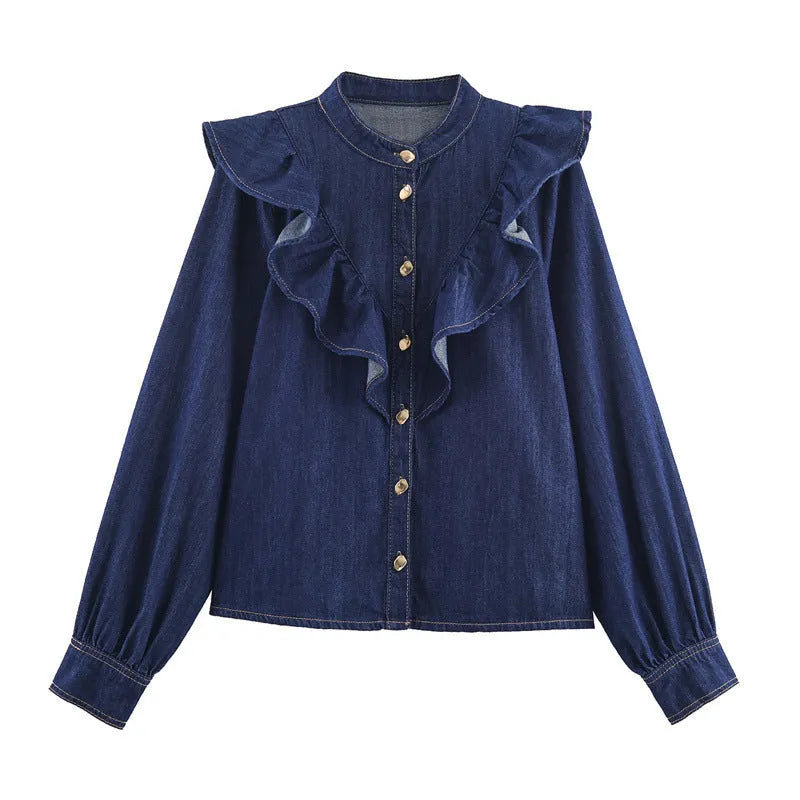 Layered denim look shirt and full-length trousers set in solid colour with button detail, sizes XS to L
