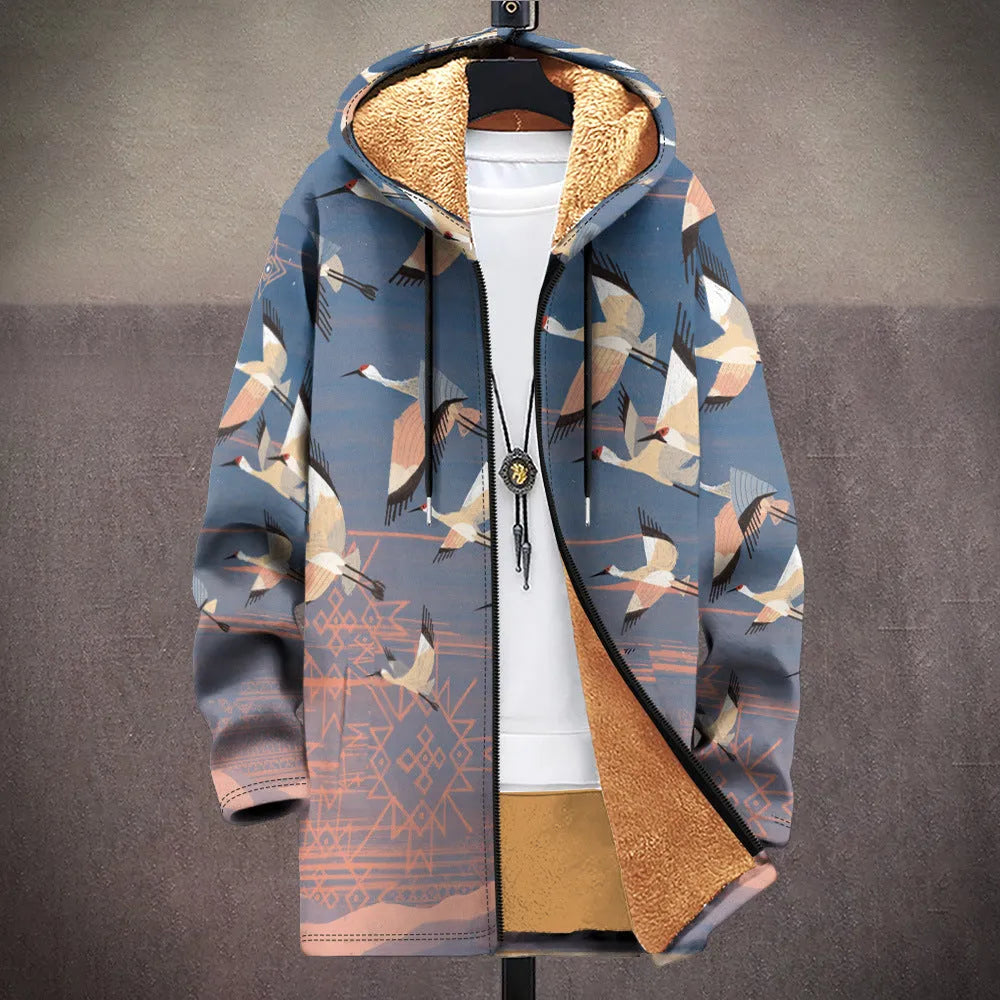 Men's loose fit hooded cardigan with zip front in multicolour printed pattern