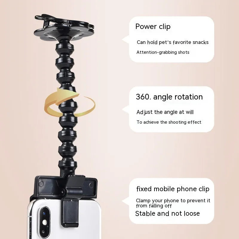 Plastic pet photography mobile phone holder with rotating treat clip in black or white colour