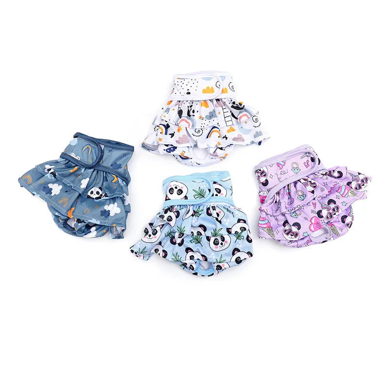 Washable polyester dog physiological pants in panda, ocean, avocado and daisy styles, sizes XS to XL