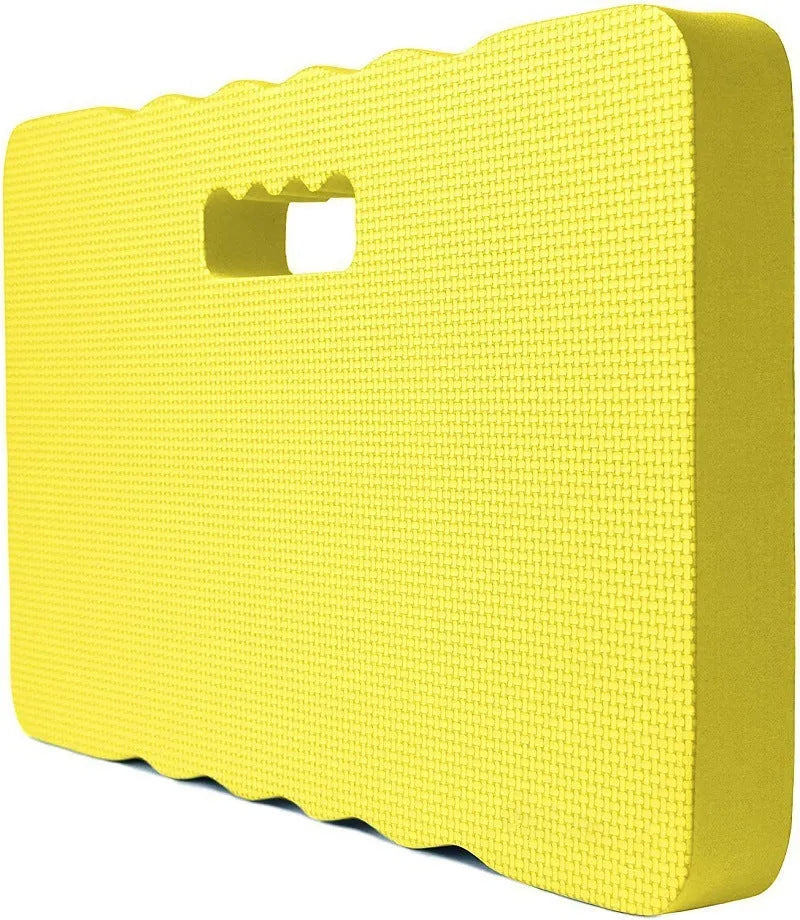 Blue Eva foam garden kneeler pad with handles and side pockets on grass.