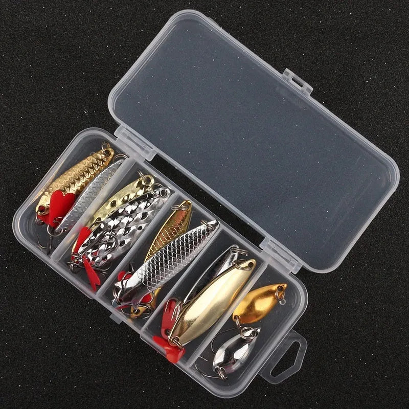 Box of pineapple sequin fishing lure crafting components with metal sequins and multi-colour fabric.