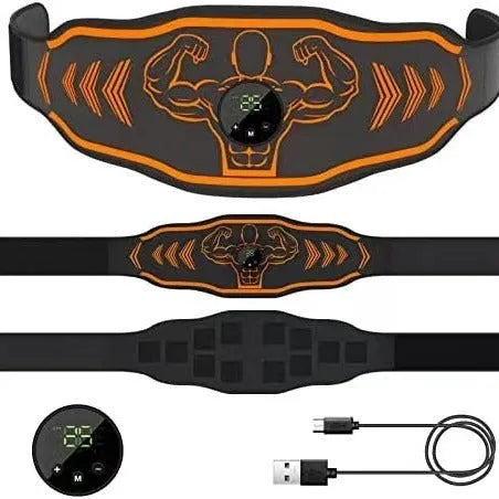 Rechargeable EMS smart massage fitness belt shown in blue and orange colour options.