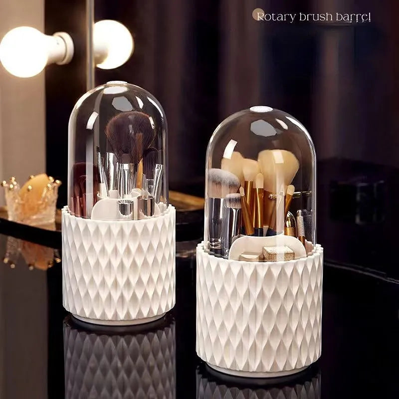 White rotating acrylic makeup brush storage holder with transparent design and dust cover