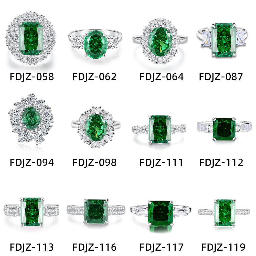 Women's S925 silver emerald ring with geometric band and oval-cut high-carbon diamond centre stone.