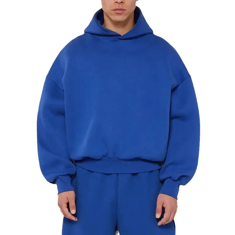 Men's grey fleece-lined cotton hoodie pullover with ribbed sleeves