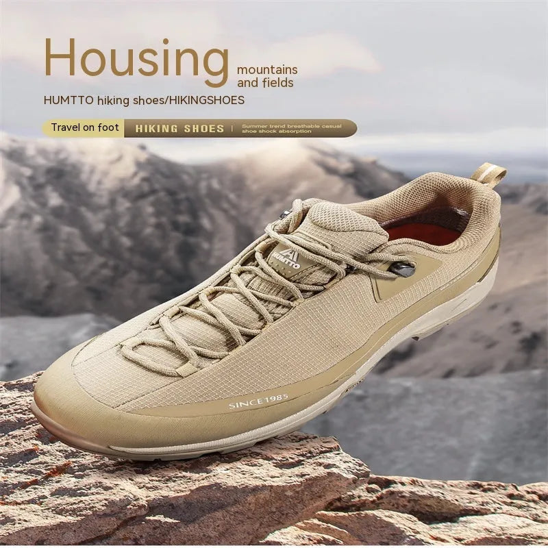 Low-top mountain climbing shoes with leather mesh upper and non-slip rubber sole in black-red and beige-maroon colour options for men and women.