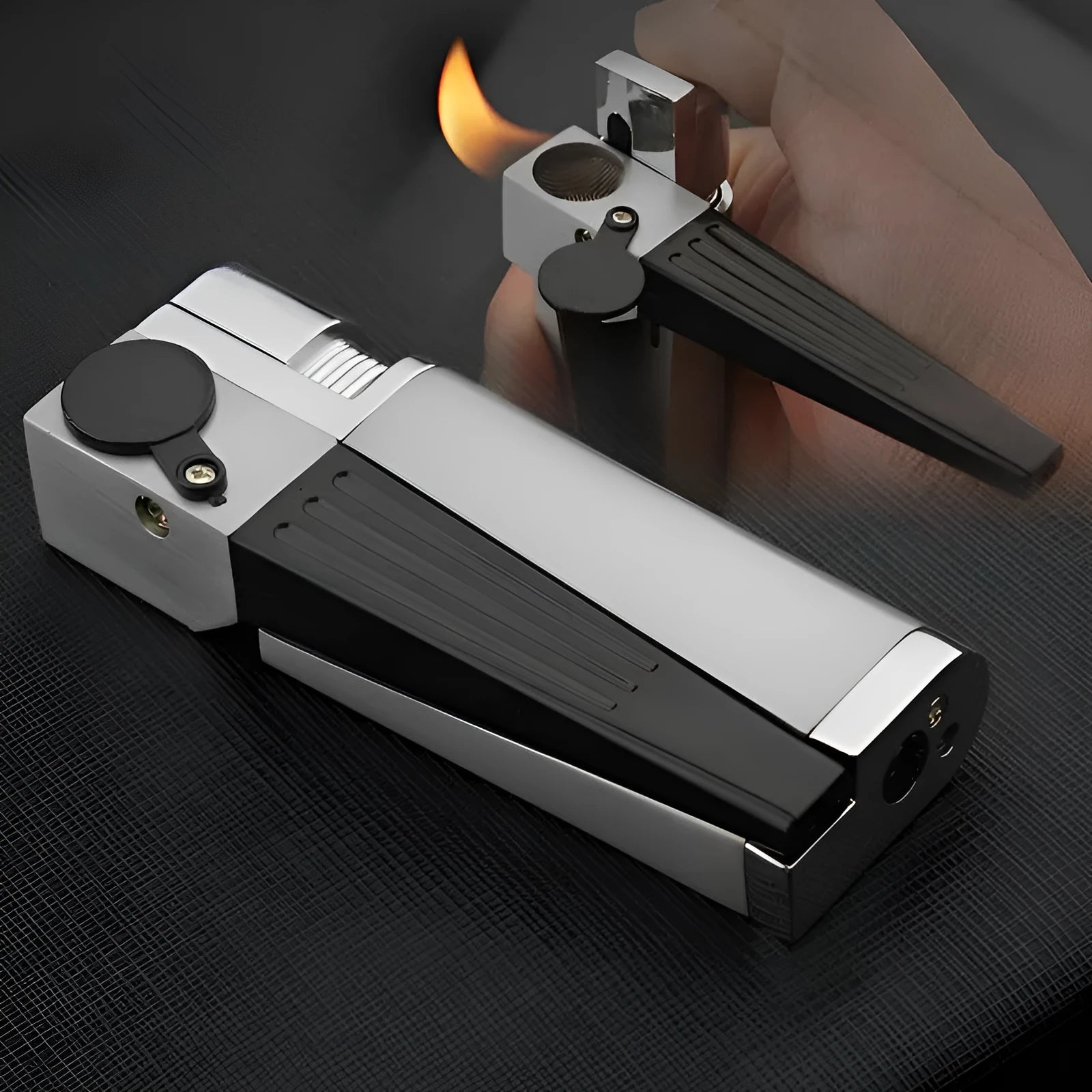 Silver and black foldable metal pipe lighter showing open and closed positions with refillable butane valve