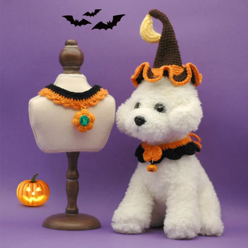Handmade wool crocheted Halloween pet collar for cats and dogs with adjustable sizing