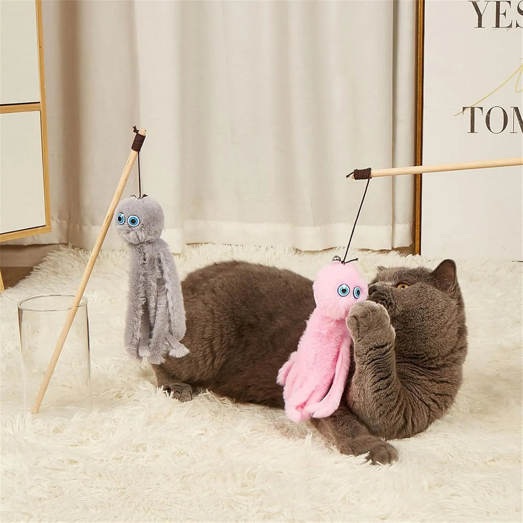 Octopus design cat toy with long stick in bright colours for indoor kitten play