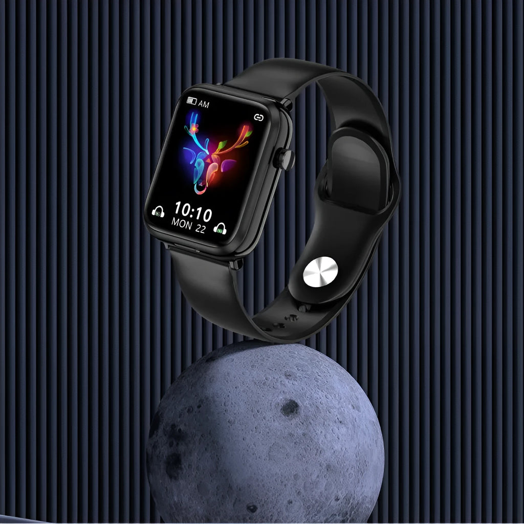 Black zinc alloy smartwatch with Bluetooth headset showing 1.69-inch touchscreen display