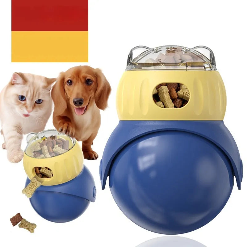 Morandi yellow and blue owl-shaped plastic tumbler cat puzzle feeder for self-service food dispensing