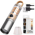 Orange multifunctional 10W flashlight with hook, keychain, and optical zoom on a white background.