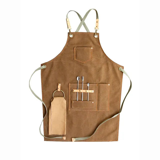 Canvas apron with cross straps in camel colour for baking and gardening work