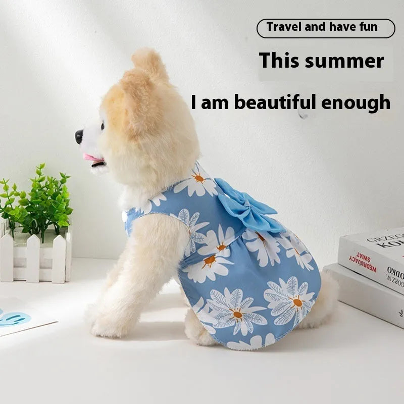 Ultra-thin light orange pet dress for a small dog with a floral butterfly knot on the back.