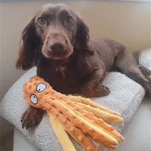 Blue unfilled octopus plush dog toy with crinkle and squeaker sounds on a white background.