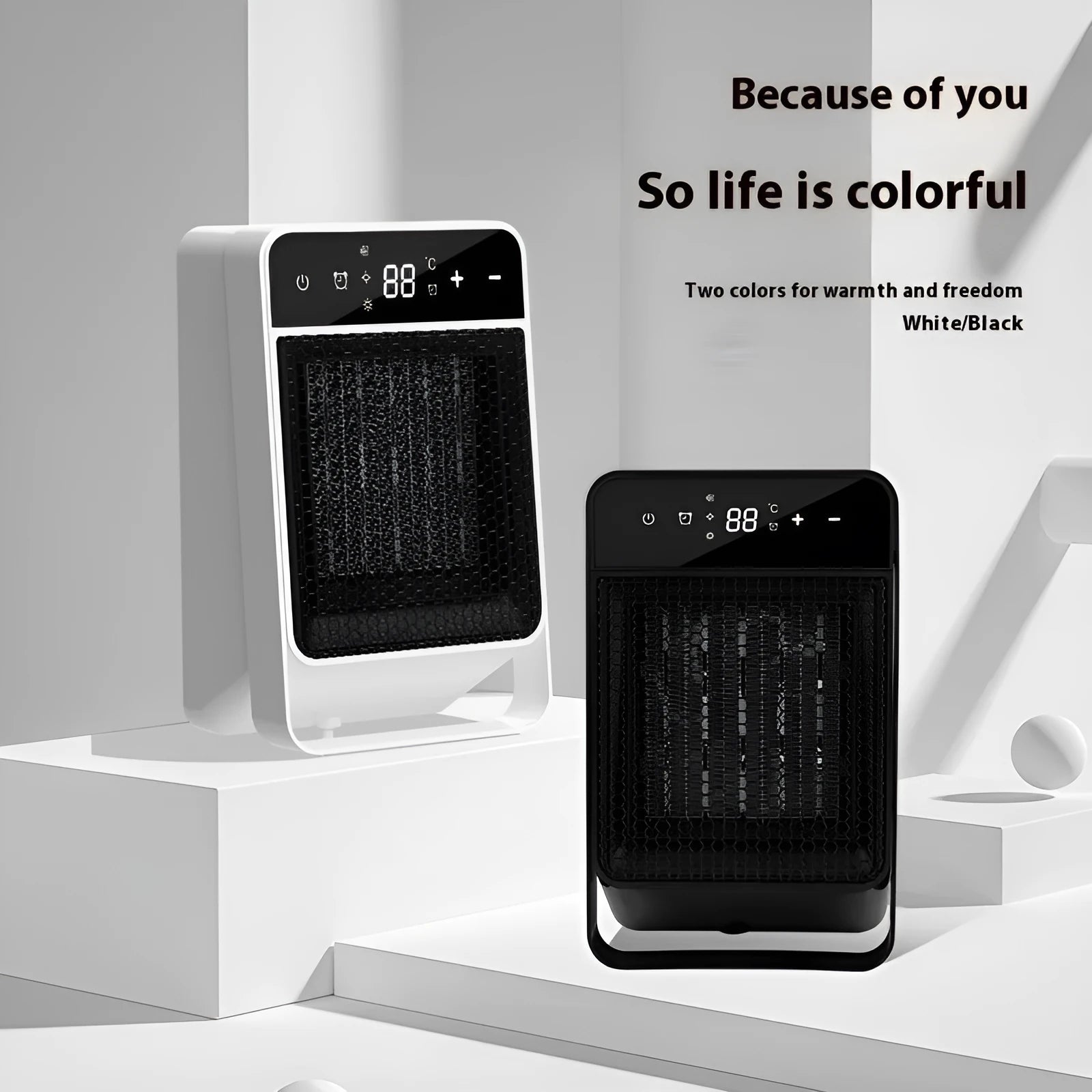 Black desktop electric heater with digital touch screen display and remote control on a wooden desk.