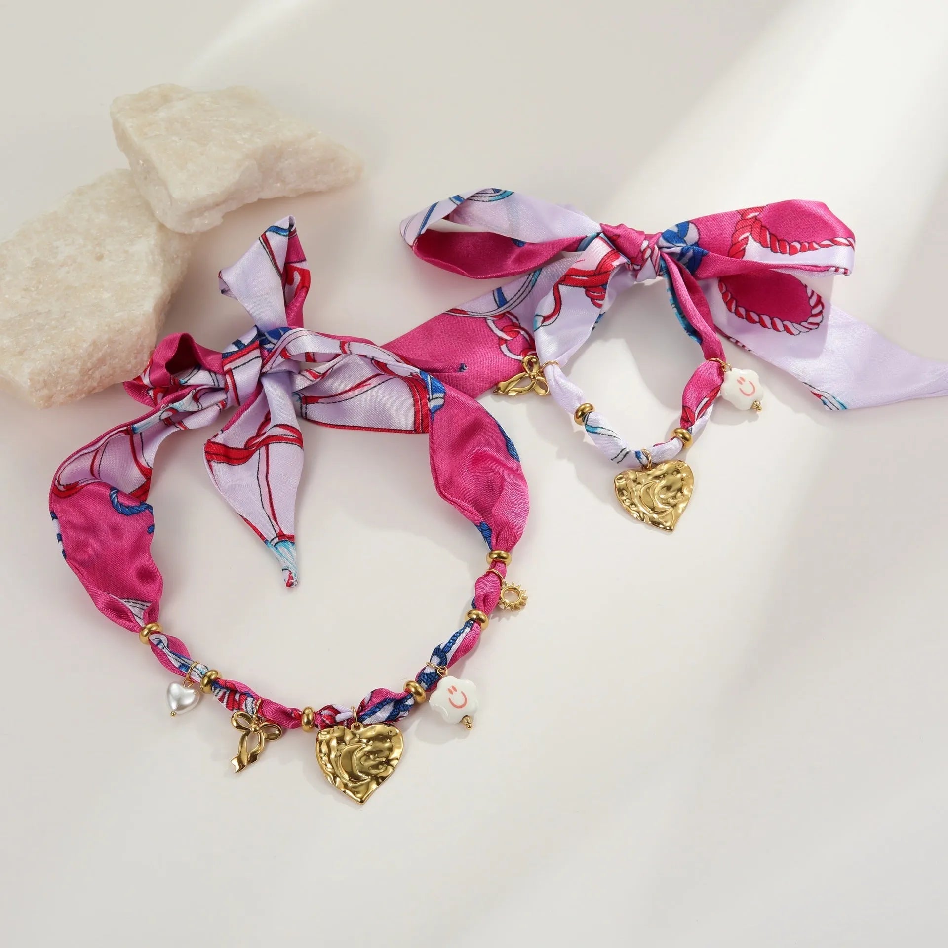 Stainless steel 18K gold-plated necklace and bracelet set with geometric silk scarf pendant