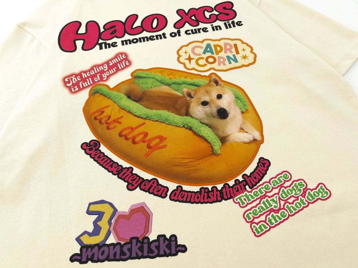 Cartoon hamburger dog print on a loose-fit short-sleeved cotton t-shirt.