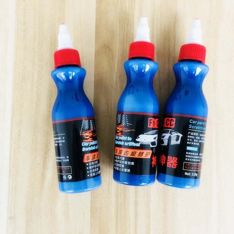 Small blue car wiping tool with scratch repair agent bottle for automotive paint touch-ups