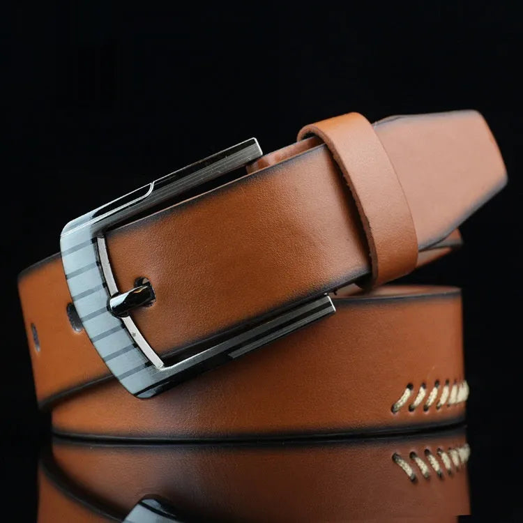 Men's threading pattern belt in black colour with alloy pin buckle fastening showing retro design detail