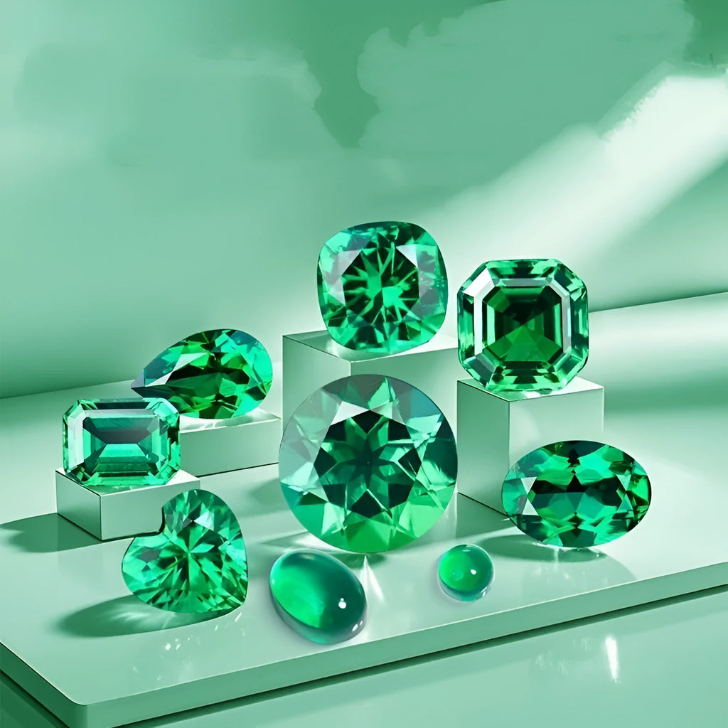 Loose cultivated emerald gemstone cabochon in Columbia green showing polished round and Asscher cut shapes.