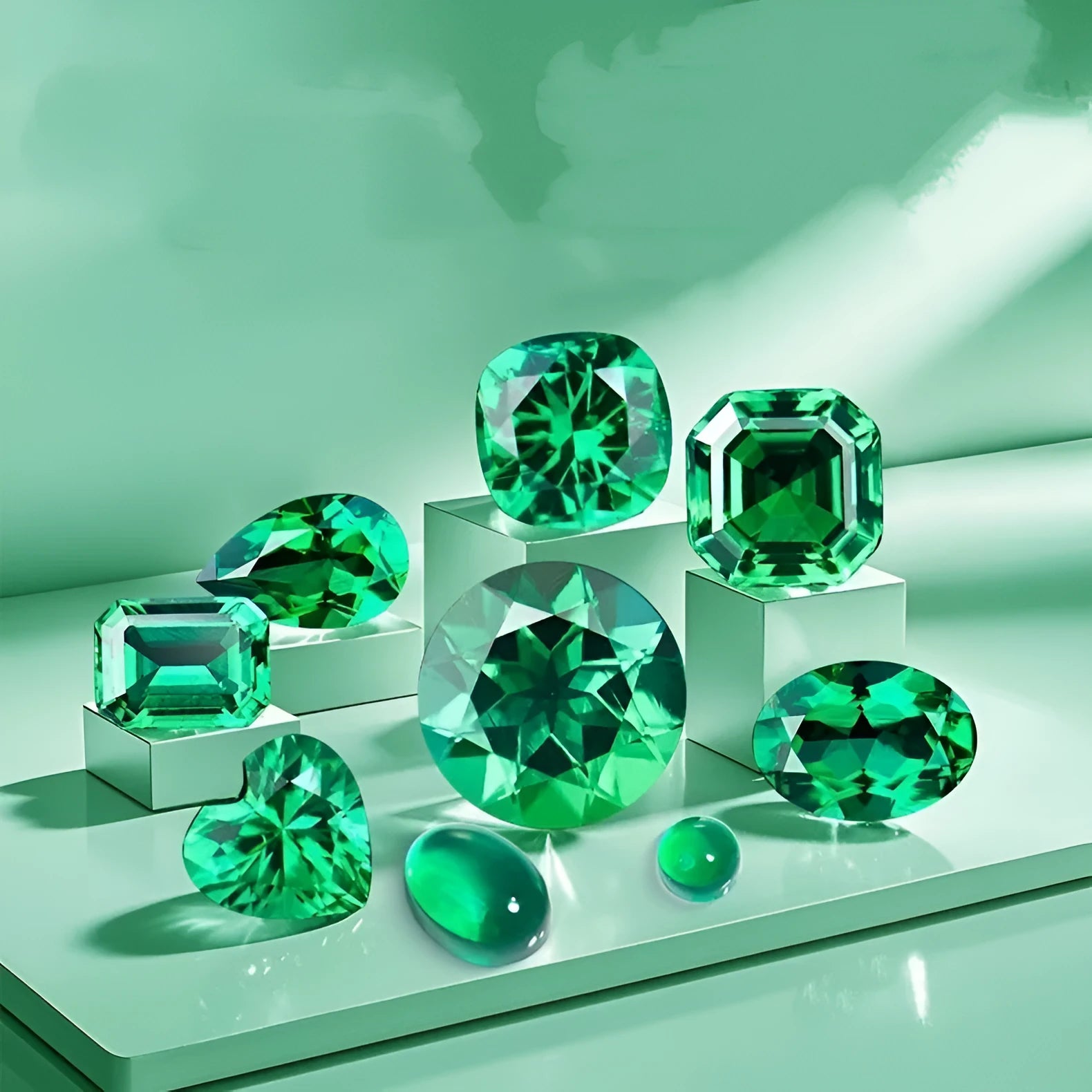Loose cultivated emerald gemstone cabochon in Columbia green showing polished round and Asscher cut shapes.