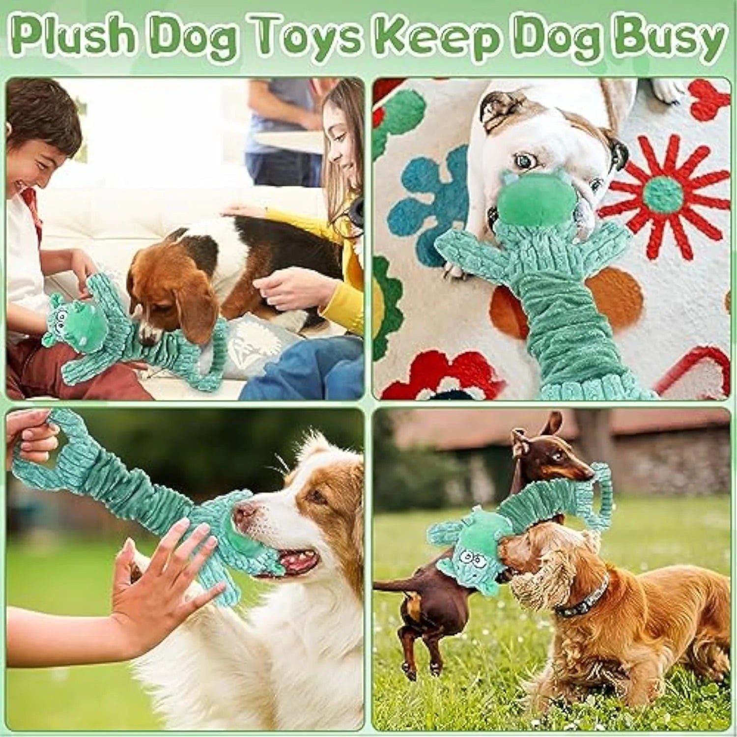 Large plush squeaky dog toy with telescopic handle in hippo or monkey design for interactive indoor play