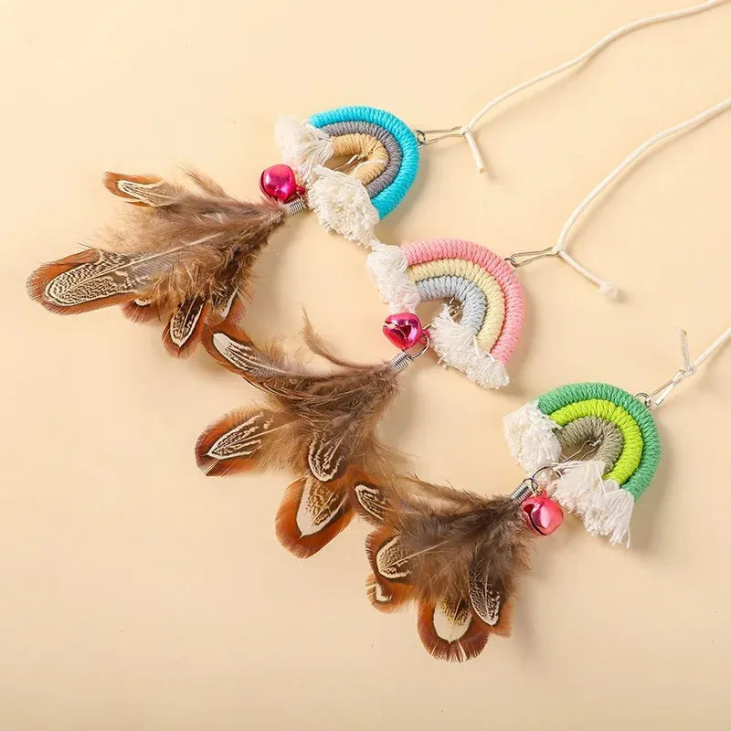 Rainbow feather cat rope door swing toy with elastic cord and sticky buckle clamp