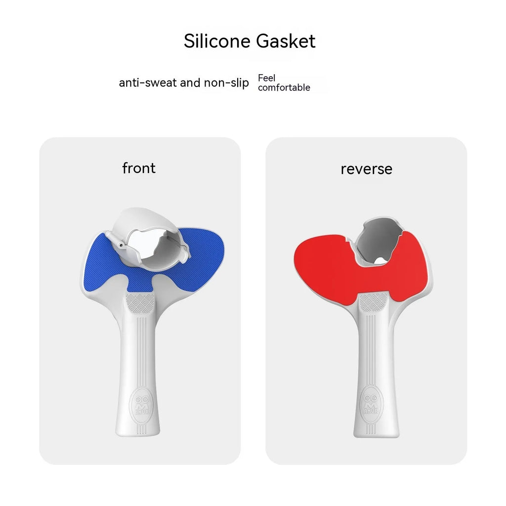 Red and blue plastic silicone table tennis racket hand grip accessory for Pico 4 VR controller showing 160x110x80mm dimensions