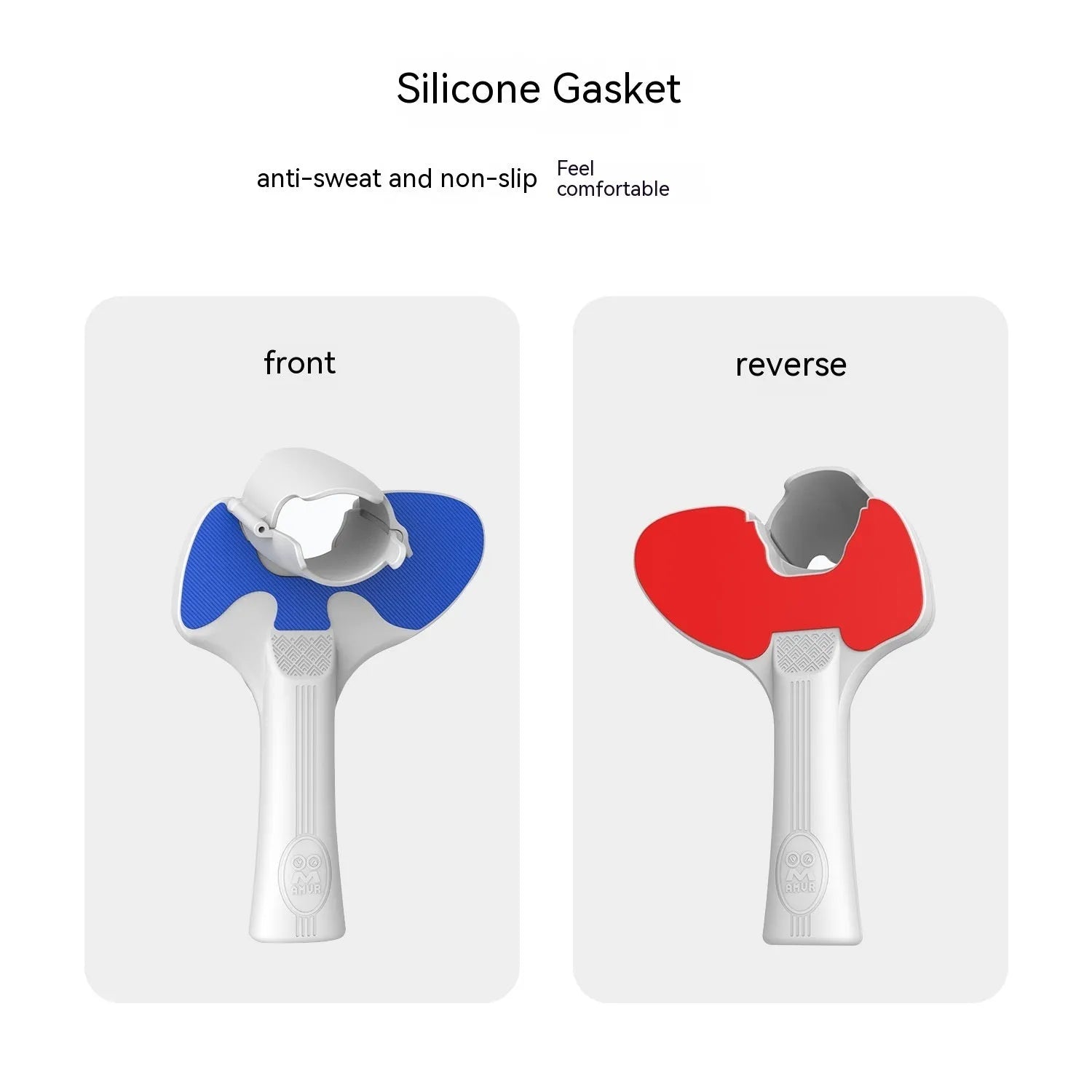 Red and blue plastic silicone table tennis racket hand grip accessory for Pico 4 VR controller showing 160x110x80mm dimensions