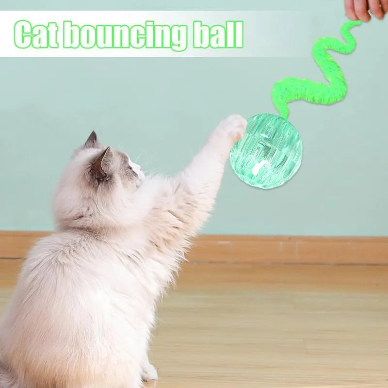 Interactive bouncy ball cat toy with soft plush worm tail in green, pink, or purple colours