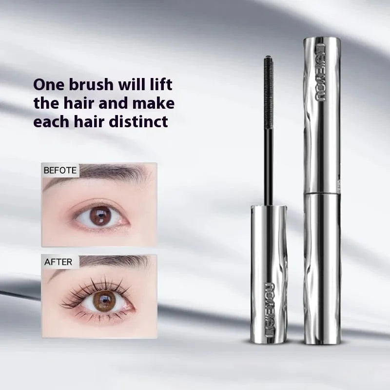 Waterproof long thick mascara in a steel tube with black and brown colour options, shown with an eyelash curler.