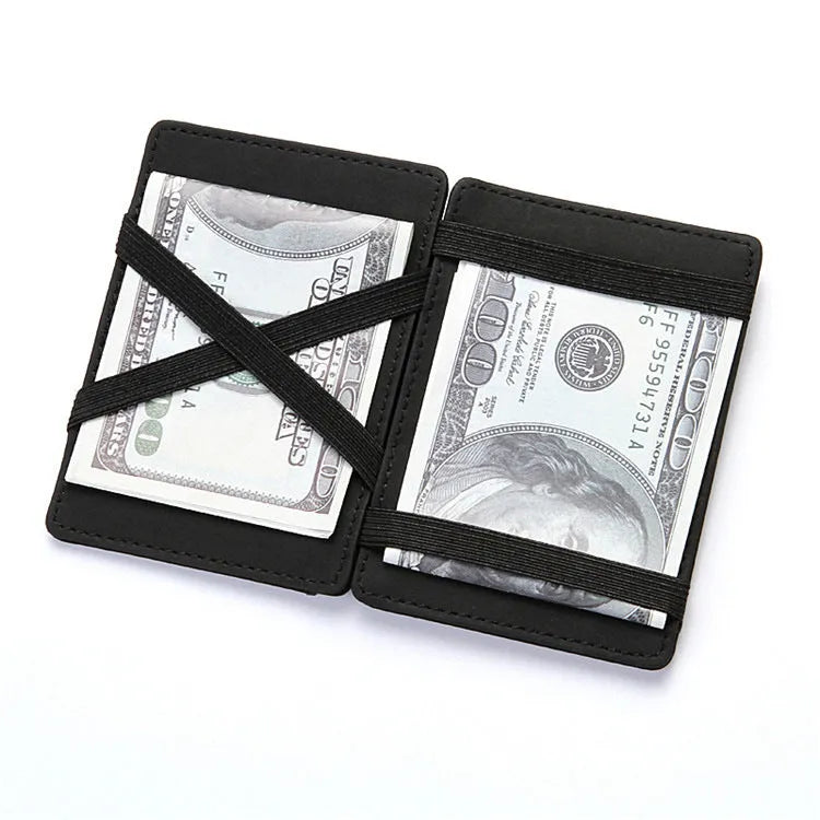 Black PU leather magic flip wallet with a zipper coin purse and sewing line detail.
