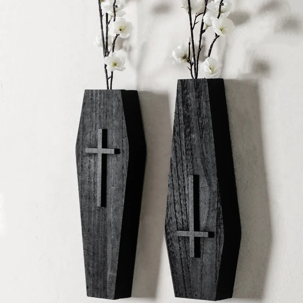 Black wooden cross wall vase shelf decoration measuring 27cm wide