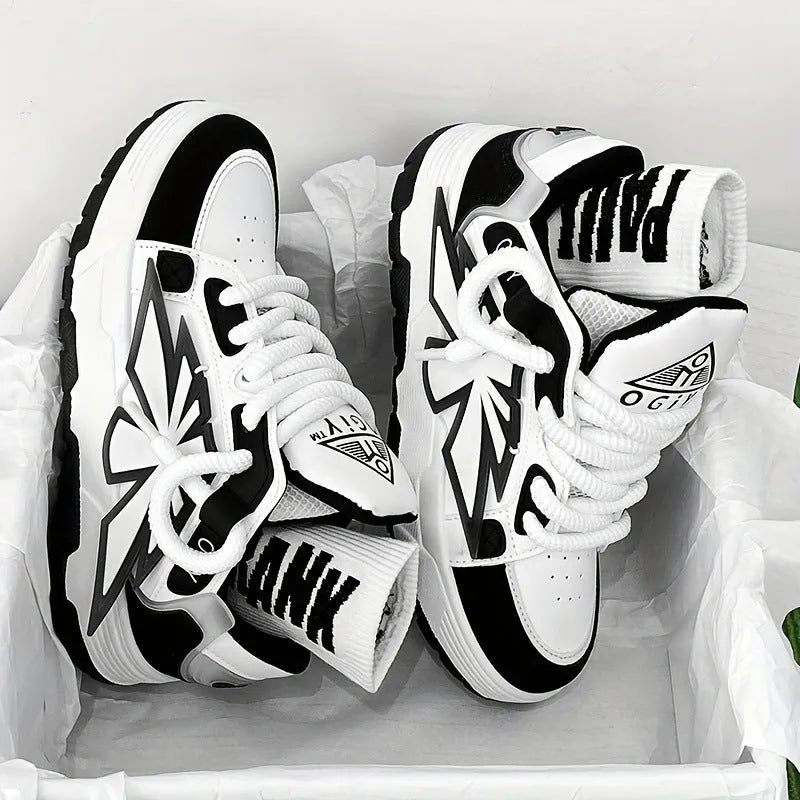 Men's black chunky sneakers with a cartoon totem pattern on the synthetic leather upper.