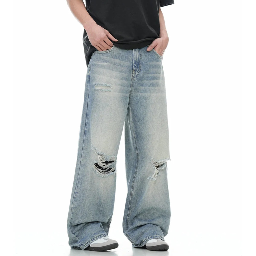 Blue retro straight-leg jeans with distressed detailing and adjustable waistband
