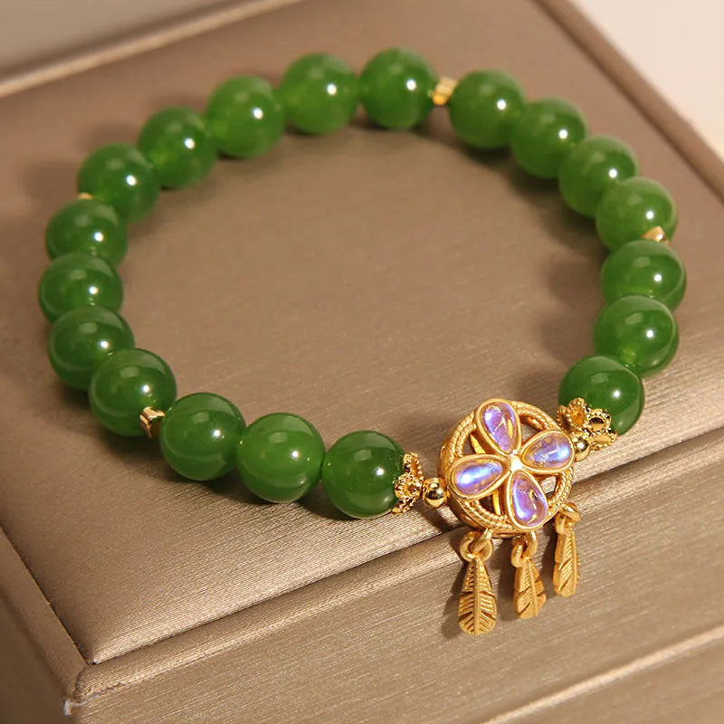 Green jasper crystal bracelet with four-leaf clover dream catcher pendant for women