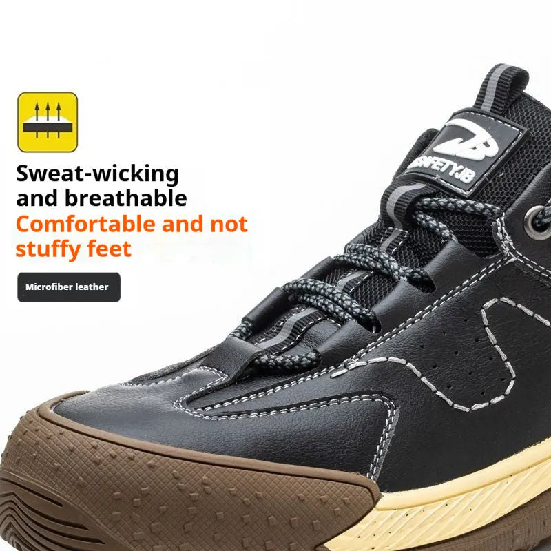 Flyknit leather work shoes with a rubber sole, shown in a choice of black, khaki, grey, or brown.