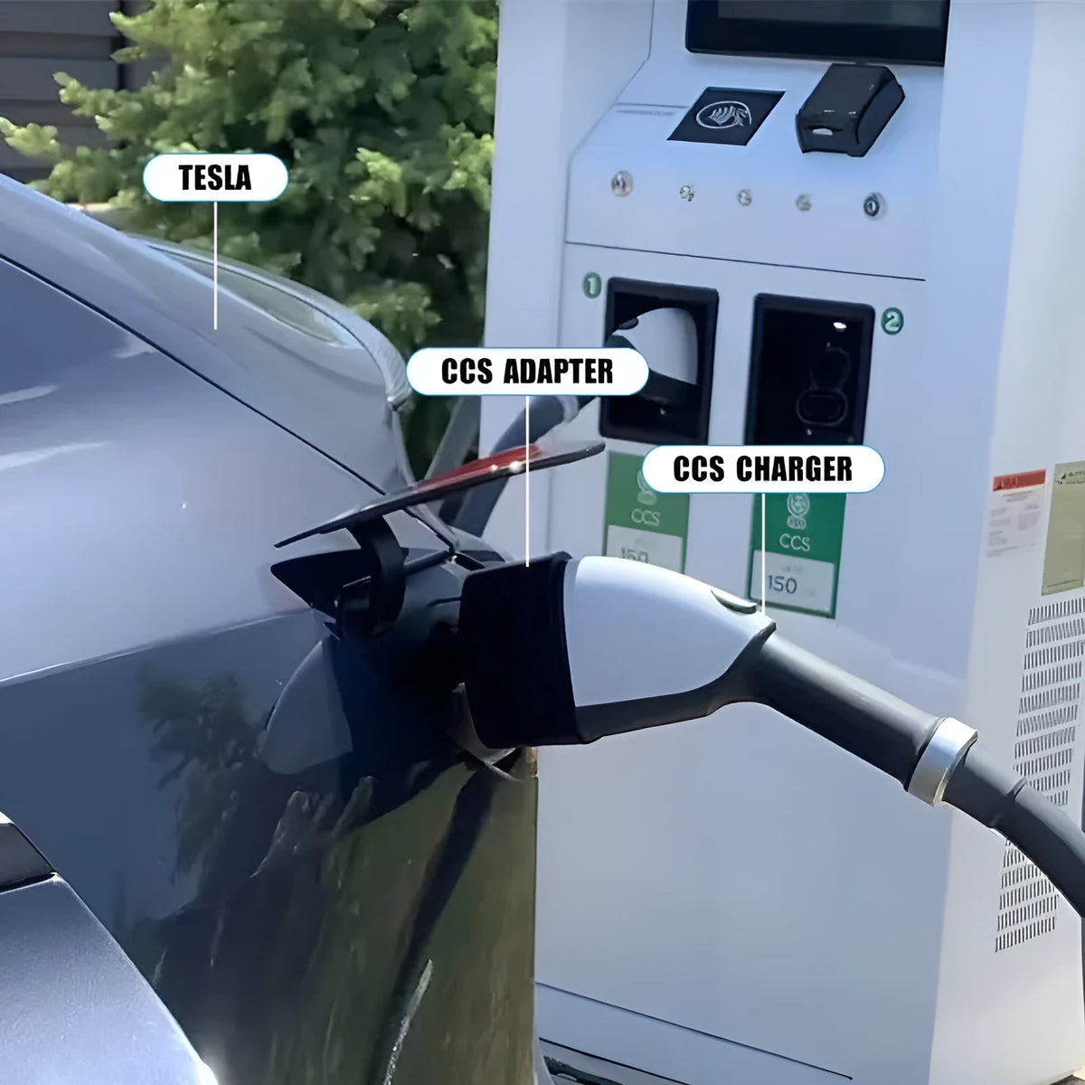 Black Tesla charging plug conversion adapter with specifications for 80A and 500V