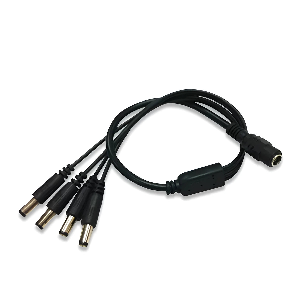 Black DC 4-way monitoring power cord with one input and four output connectors for CCTV cameras