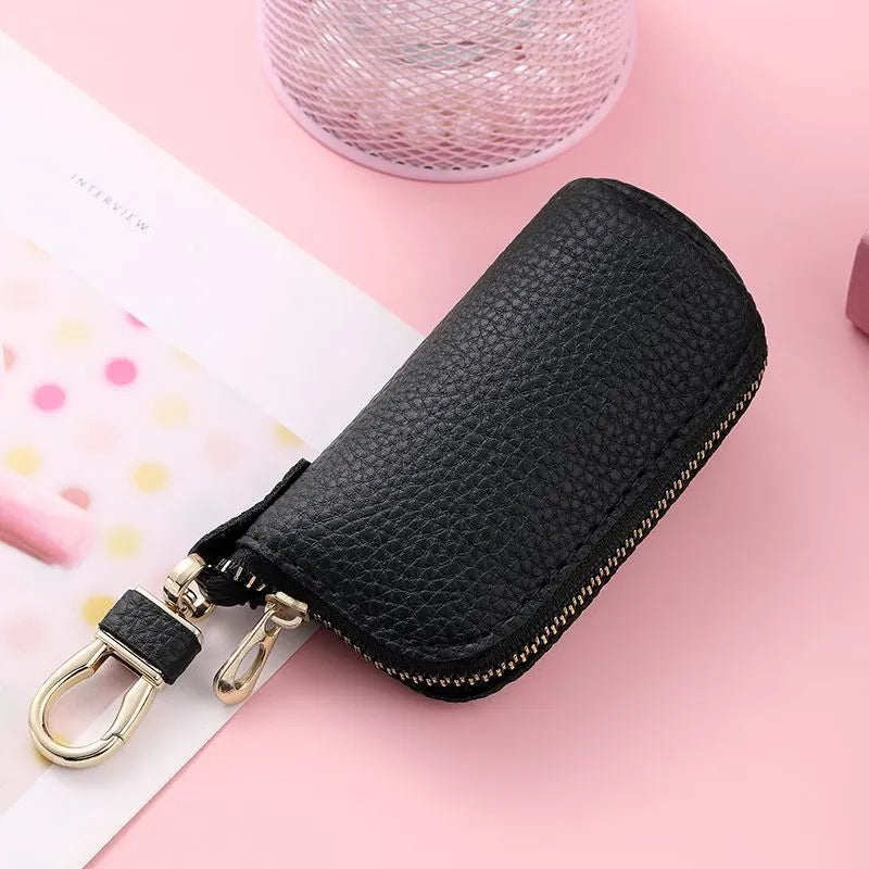 Black grey pink PU leather zipper key case wallet for men on a key ring