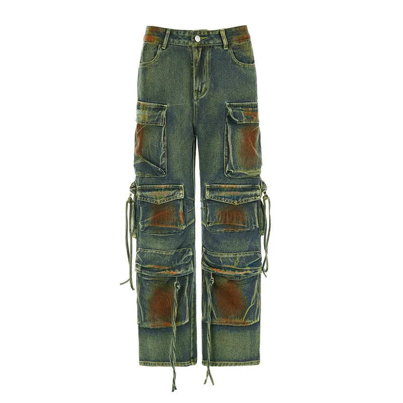 Loose fit cargo denim trousers with gradient colour patch pockets and multiple storage compartments