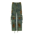 Loose fit cargo denim trousers with gradient colour patch pockets and multiple storage compartments
