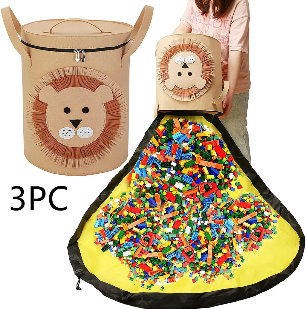 Green felt cube storage bag with pull rope, laid flat as a play mat