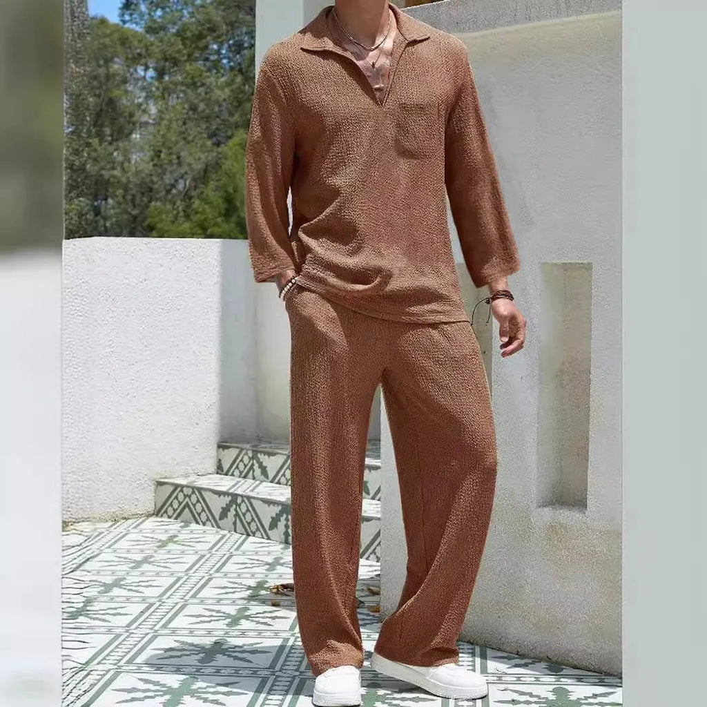 Men's casual polyester shirt trousers suit set in lake blue, khaki, black, or caramel colours
