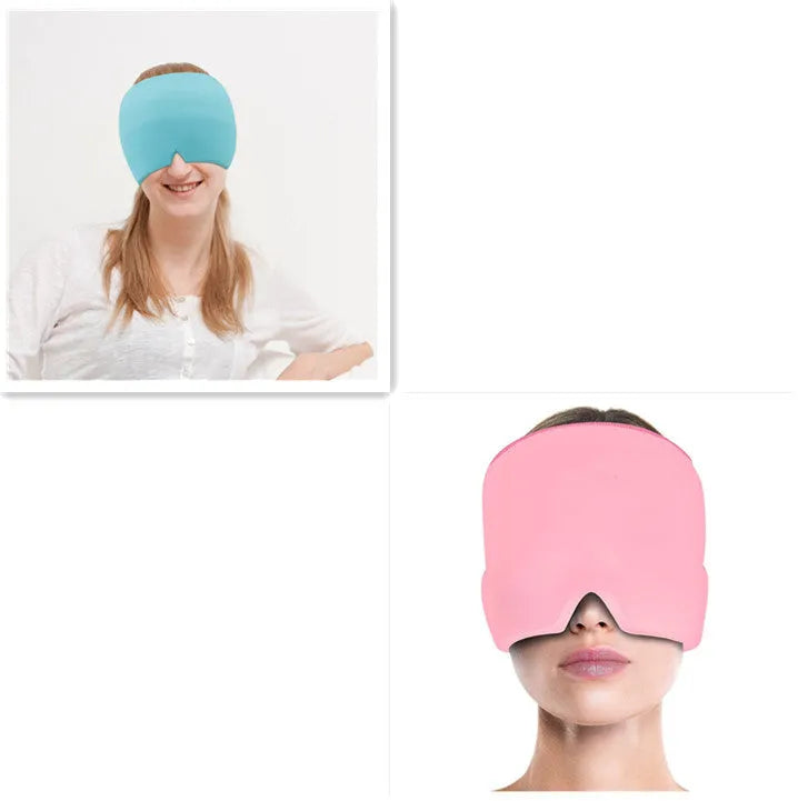 Black elastic cloth gel cooling eye mask for headache relief, shown with adjustable strap.