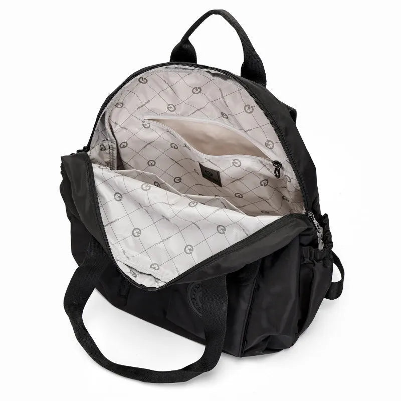 Large lightweight nylon backpack in black, khaki, or green with front sandwich pocket.