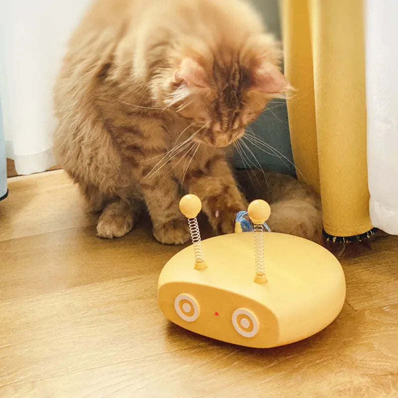 Electric robot laser cat toy with USB charging and feather teasing cat stick in blue, grey or yellow