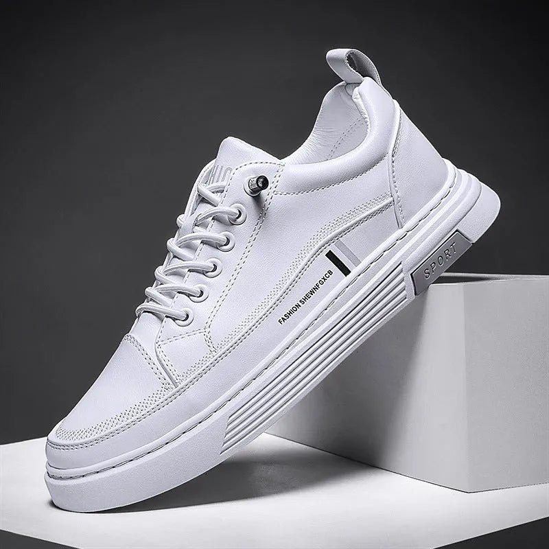Men's white and black skateboard shoes with elastic band closure and rubber sole